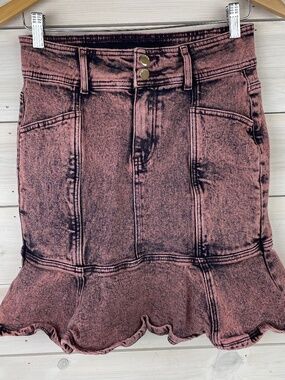 Vintage BeBe Pink Stonewashed Denim Jeans Mini Skirt Ruffle Hem